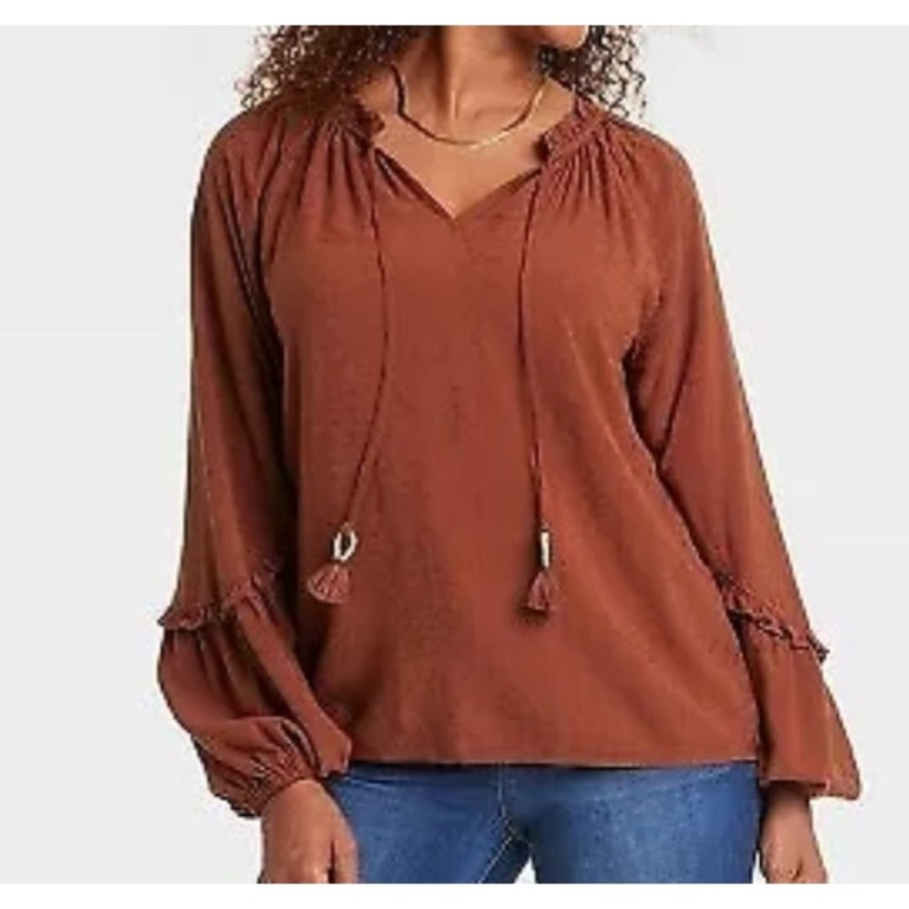Knox Rose brown Boho Balloon Sleeves Blouse Size M Tassel Long Sleeve $32